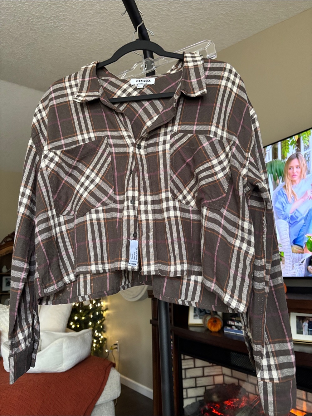 Rising International Brown Cream Plaid Cropped Button-Down Shirt